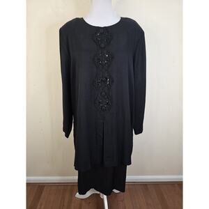 Vintage Positive Attitude Black Long Sleeve Layered Shift Dress Sequin Size 18